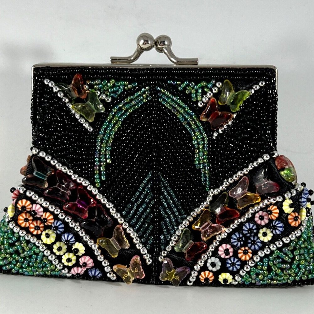 Women's Butterfly Beaded Purse Clutch Metal Strap Kiss Lock Small mini bag